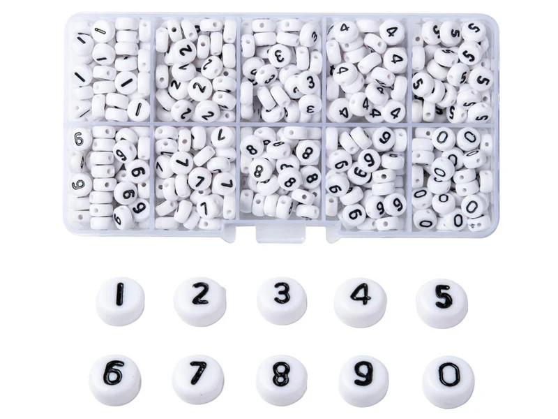Boite de 720 perles rondes en plastique - chiffres - noir et blanc